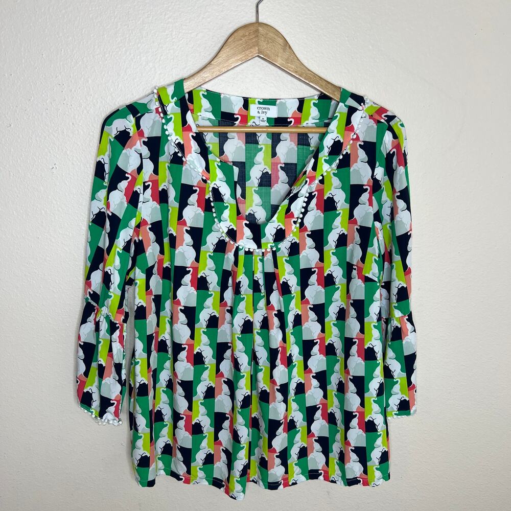 Crown and Ivy Multi Color Elephant Print Peasant Top Medium